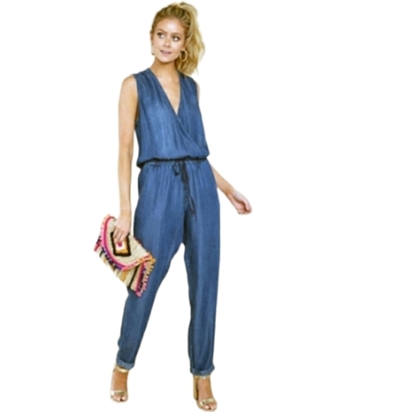 LOVESTITCH Chambray Denim Romper Sleeveless V-neck Crossover Small Blue Jean - Picture 11 of 12
